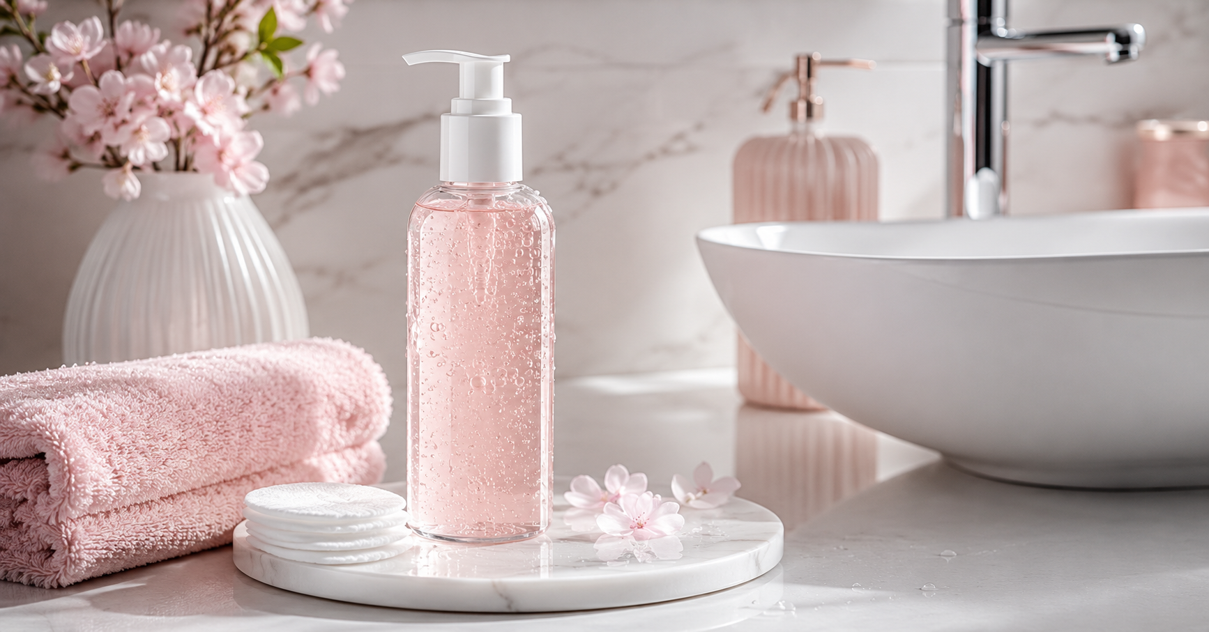 Fungal Acne Cleanser Guide: What to Look For 2 Soft pink bathroom essentials display