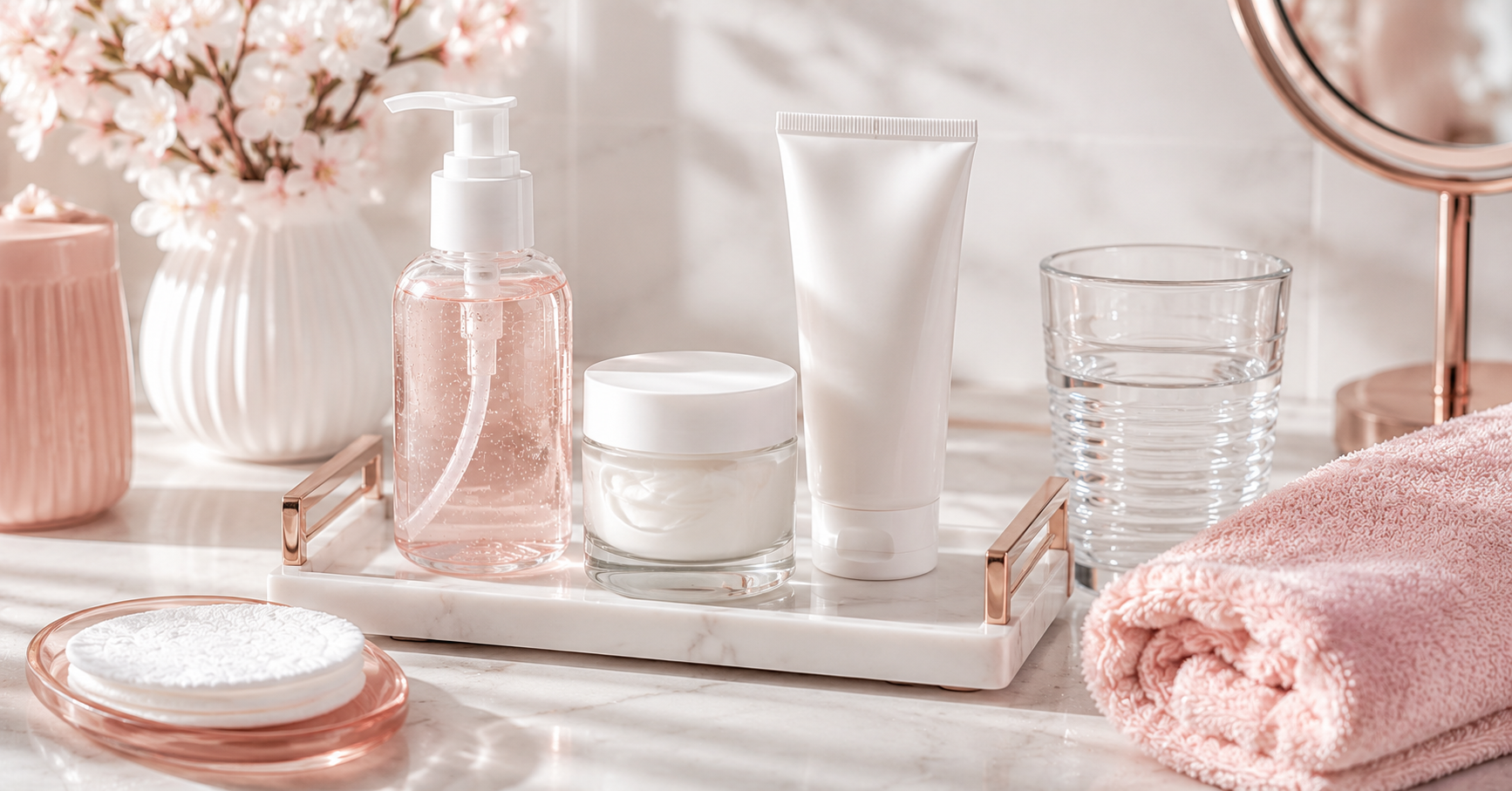 Fungal Acne Cleanser Guide: What to Look For 4 Soft pink spa essentials on marble