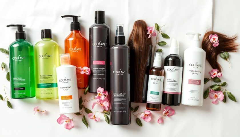 Best Volumizing Hair Products: Simple Volume Guide 4 Volumizing shampoos conditioners and styling sprays arranged with soft flowers and clean beauty props