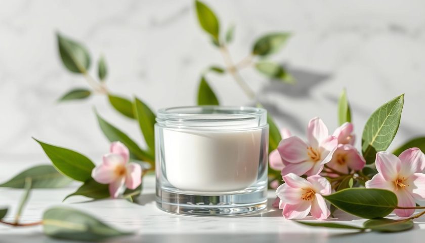 Natural hair volumizing cream jar on white marble with green leaves and pink flowers
