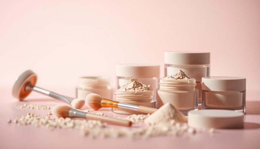 Best Powder Foundation: Easy Guide Before You Buy 4 Loose mineral powder foundation jars with makeup brushes on a soft pink and white beauty background