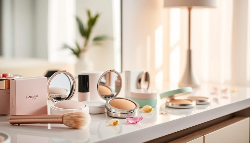 Best Powder Foundation: Easy Guide Before You Buy 3 Elegant powder foundation compacts in different shades with a makeup brush on a modern vanity