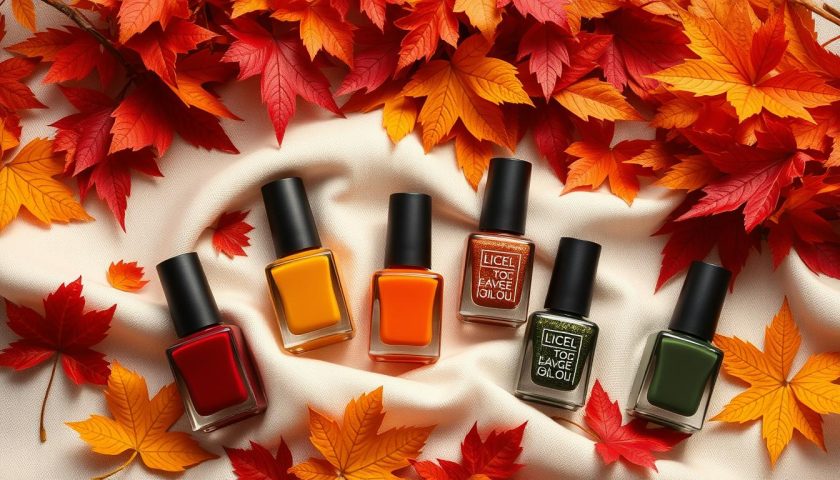 Autumn colour nail varnish bottles in burgundy burnt orange mustard forest green and copper with fall leaves