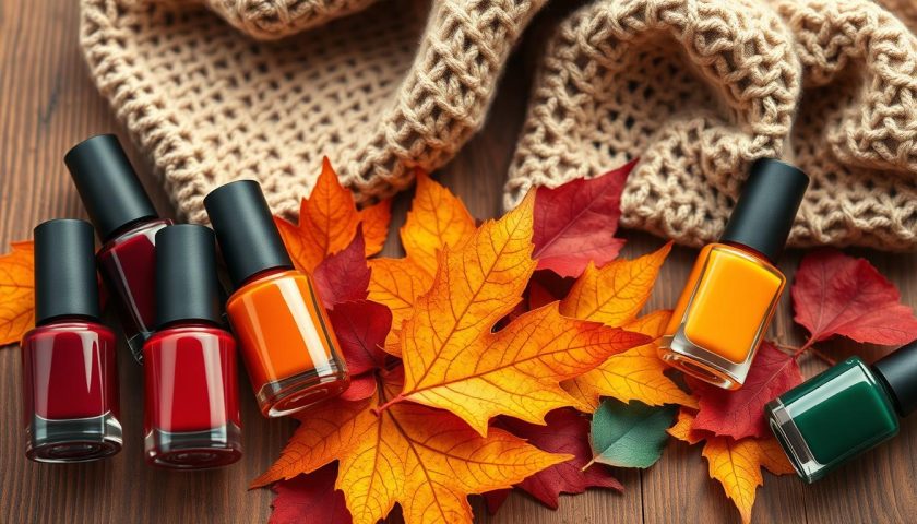 Fall Gel Nail Colors: Cozy Glossy Ideas 2 Fall gel nail colors in burgundy burnt orange mustard yellow and forest green with autumn leaves