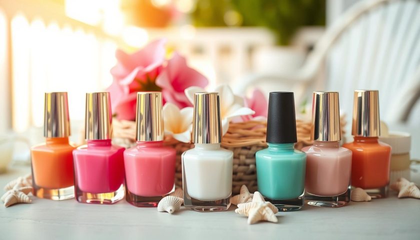 Summer nail polish bottles in bright pink white and soft green with seashells and flowers
