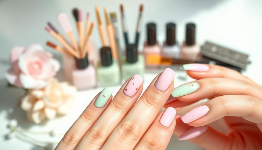 Pastel nail art designs with soft pink mint lavender dots flowers and subtle gradients