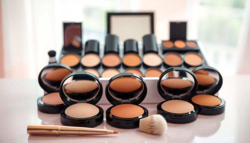 Best Powder Foundation: Easy Guide Before You Buy 2 Powder foundation compacts in multiple shades with makeup brushes on a soft beauty vanity
