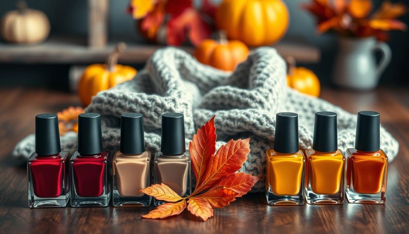 Luxury fall nail polish bottles in burgundy taupe mustard and rust tones with cozy autumn styling