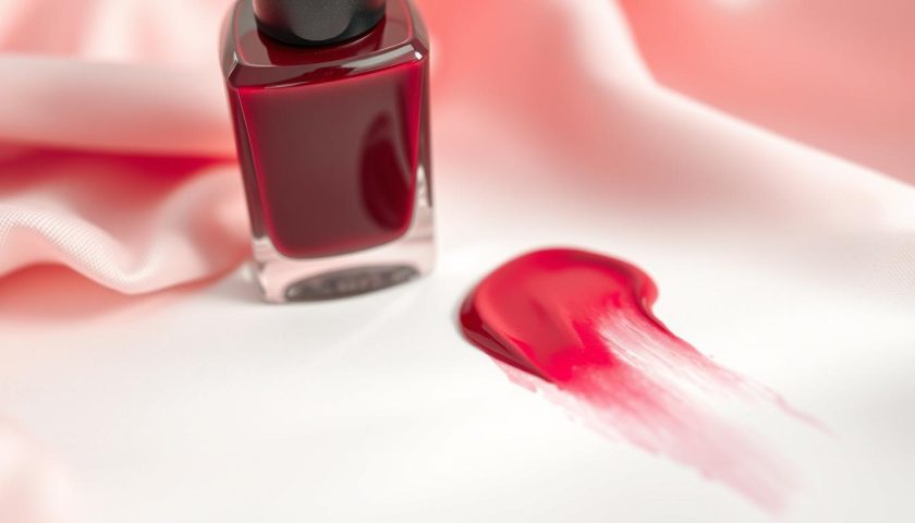 Black Cherry Nail Polish: Dark, Glossy Ideas 4 Deep red black cherry nail polish bottle with glossy brushstroke on a soft pink background