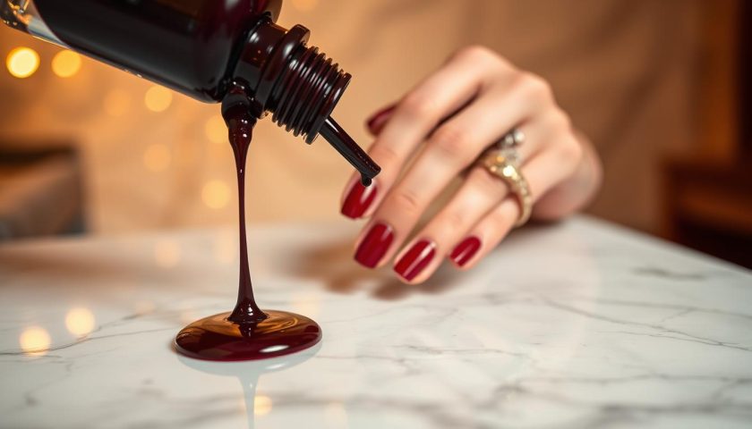 Black Cherry Nail Polish: Dark, Glossy Ideas 2 Glossy black cherry nail polish with deep dark red color on a white marble surface
