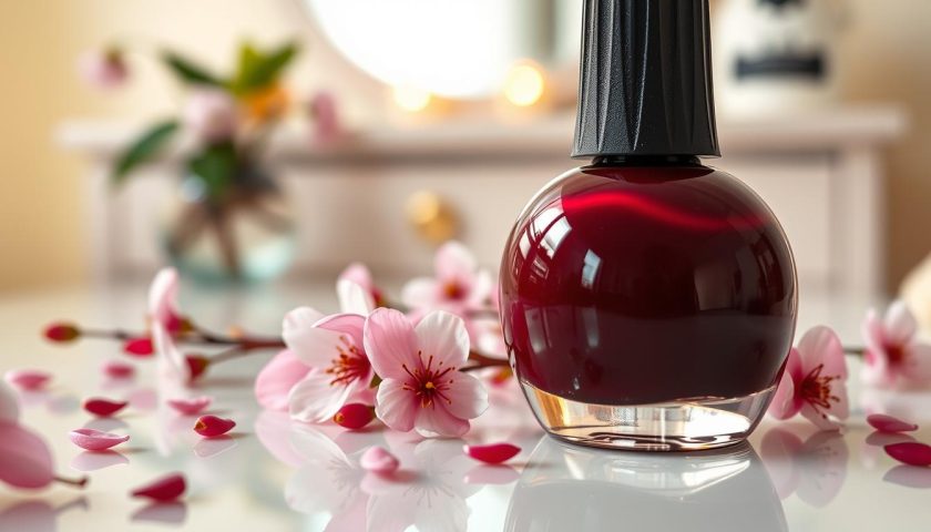 Black Cherry Nail Polish: Dark, Glossy Ideas 3 Shiny black cherry nail polish bottle with soft pink flowers and clean beauty styling