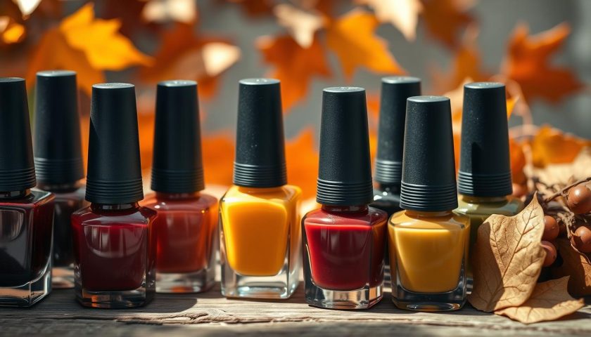 Autumn nail polish bottles in burgundy burnt orange mustard yellow and forest green on rustic wood