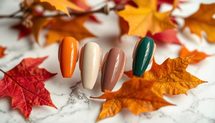 Fall Gel Nail Colors: Cozy Glossy Ideas 3 Glossy fall gel nail colors in burnt orange deep burgundy taupe and forest green on marble