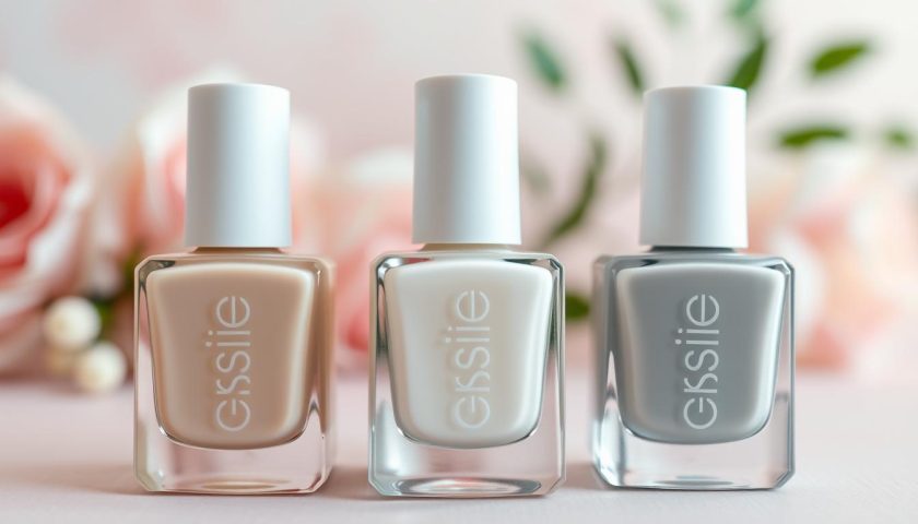 Neutral Nail Colors: Classy Ideas That Go With Everything 2 Neutral nail polish bottles in beige soft taupe and light gray on a soft pastel background