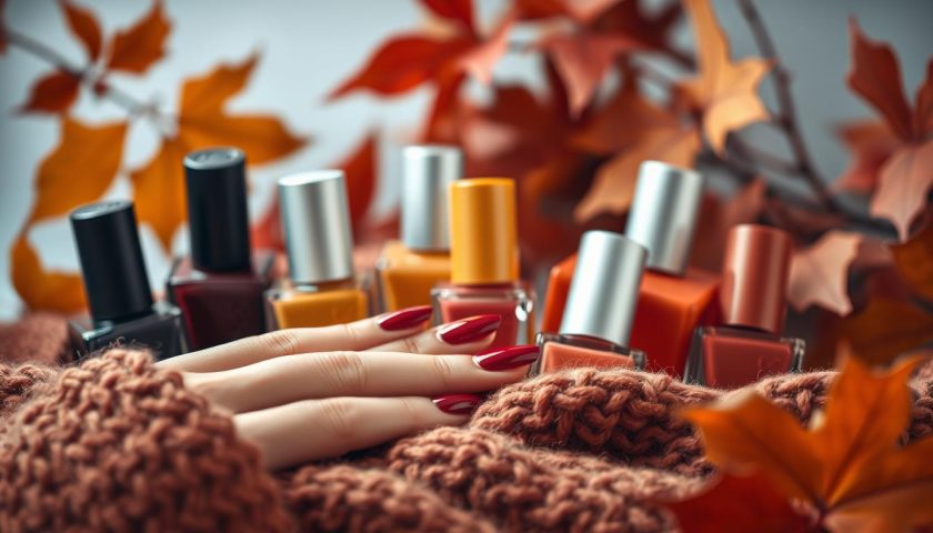 Best autumn nail varnish shades in burgundy mustard and rust tones with a cozy knitted scarf