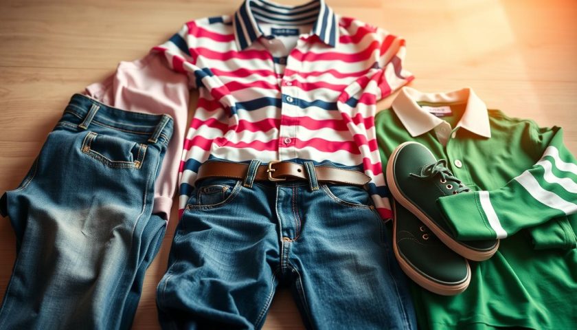 Striped rugby shirts with blue jeans sneakers belt and casual outfit accessories