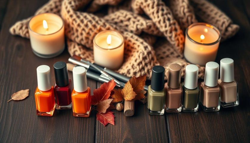 Fall nail polish shades in burnt orange burgundy forest green and soft taupe on a dark wooden surface