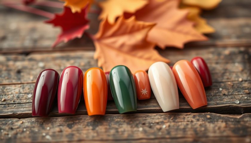 Fall Gel Nail Colors: Cozy Glossy Ideas 4 Popular fall gel nail colors in deep plum burnt orange forest green and soft beige on a wooden surface