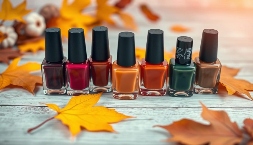 Trendy autumn nail polish bottles in burgundy burnt orange and muted green with fall leaves
