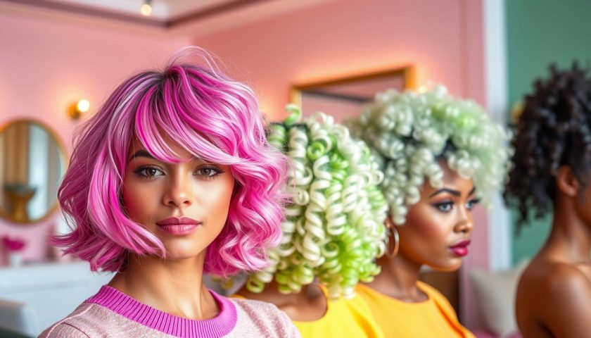 Awesome Haircuts for Curly Hair: Easy Shape Guide 4 Curly haircut styles including layered bob shoulder length curls and voluminous curly updo in a salon