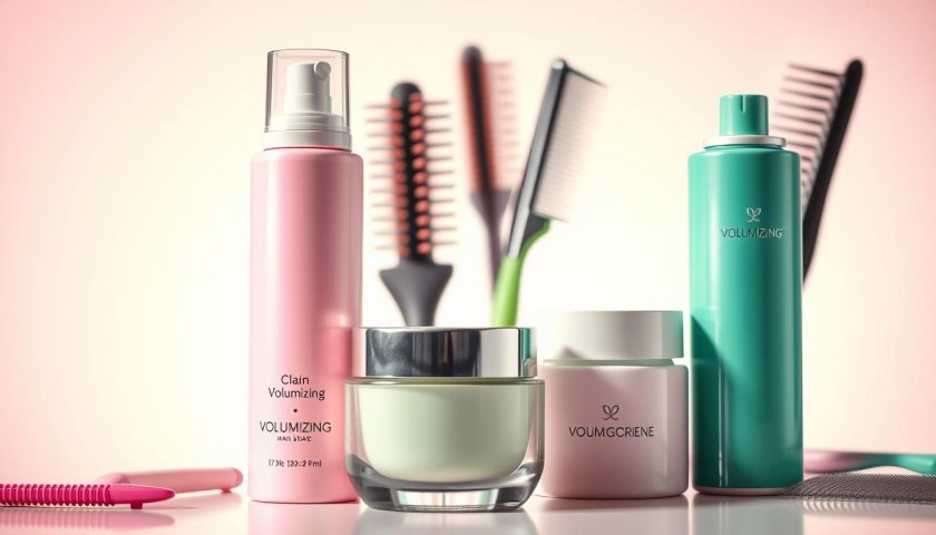 Best Volumizing Hair Products: Simple Volume Guide 3 Volumizing mousse styling cream texture spray and hair care tools arranged on a clean beauty surface