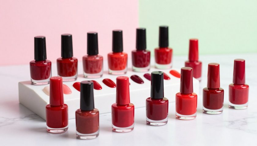 Red Nail Polish: Best Shades and How to Wear Them 4 Red nail polish shades including cherry crimson ruby burgundy and wine red on a marble surface