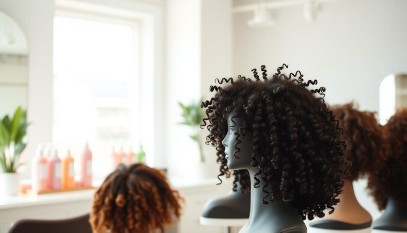 Awesome Haircuts for Curly Hair: Easy Shape Guide 2 Curly haircut shapes on mannequin heads with shoulder length curls and tight ringlets in a bright salon