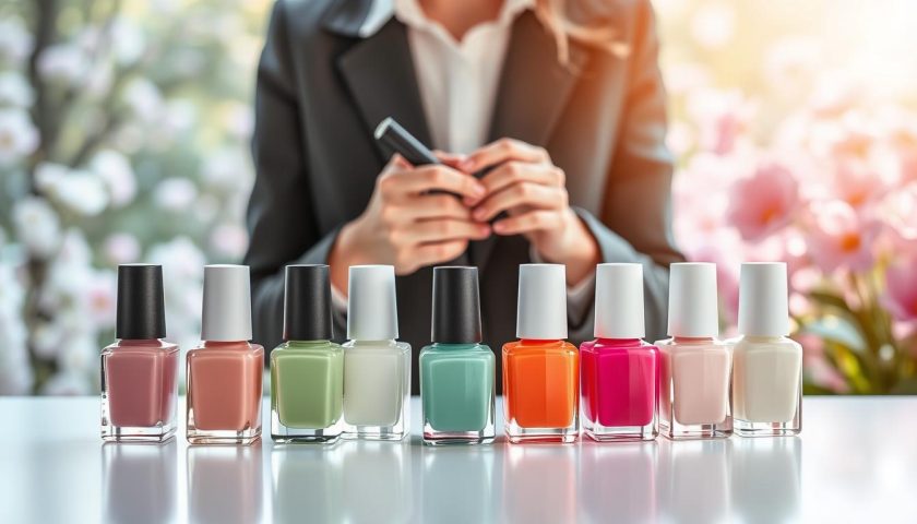 Spring Nail Color: Fresh Shades to Try 2 Fresh spring nail colors in pink green white and pastel shades on a clean beauty table