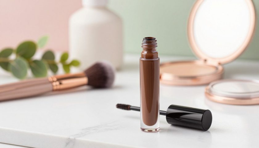 Best eyebrow gel tube on white marble with makeup brushes mirror pink flowers and fresh green leaves