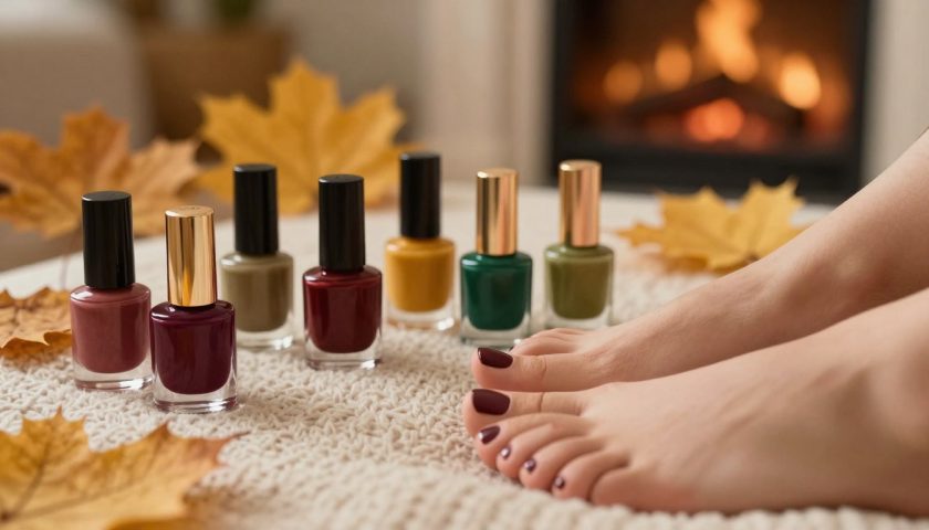 Fall Pedicure Colors: Cozy Toe Nail Ideas 4 Chic fall pedicure colors with burgundy forest green mustard and cozy polished toes on knit blanket