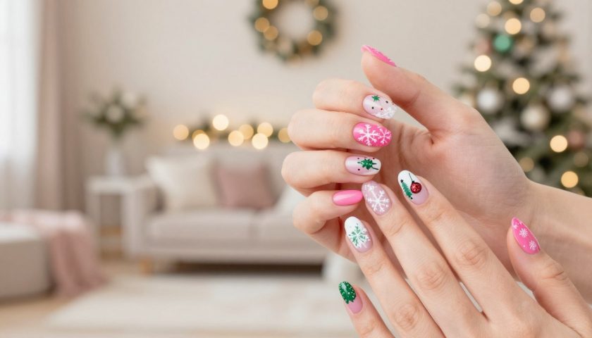 Christmas Colour Nail: Festive Ideas 3 Holiday nail art with festive red green white glitter snowflakes Christmas trees and ornament nail details