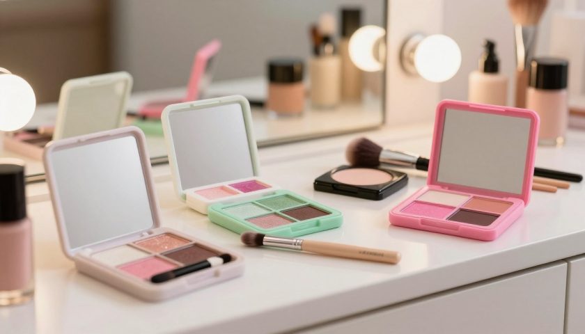 Best Makeup Eyeshadow Palettes: Easy Guide 4 Trendy eyeshadow palettes with matte shimmer pink green and neutral shades on a chic vanity