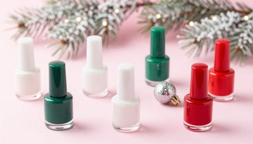 Christmas Colour Nail: Festive Ideas 4 Seasonal Christmas nail colors with red emerald green snowy white glitter ornaments and soft winter decor