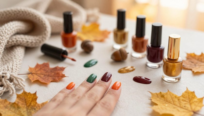 Fall Color Nail Colors: Cozy Shade Guide 4 Fall foliage inspired nail colors with burnt orange burgundy forest green golden yellow and cozy knit texture