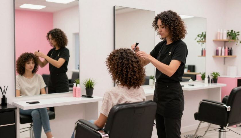 Haircut Styles for Curly Hair Female: Shape Guide 4 Modern curly hair salon with haircut consultation styling chair curly hair products and soft lighting