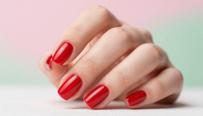 Glossy bright red nail varnish on neatly shaped nails with soft pink and green beauty background
