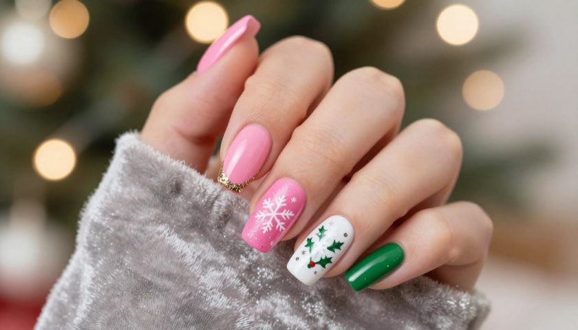 Christmas Colour Nail: Festive Ideas 2 Christmas colour nail ideas with festive red green white glitter snowflake holly and glossy manicure details