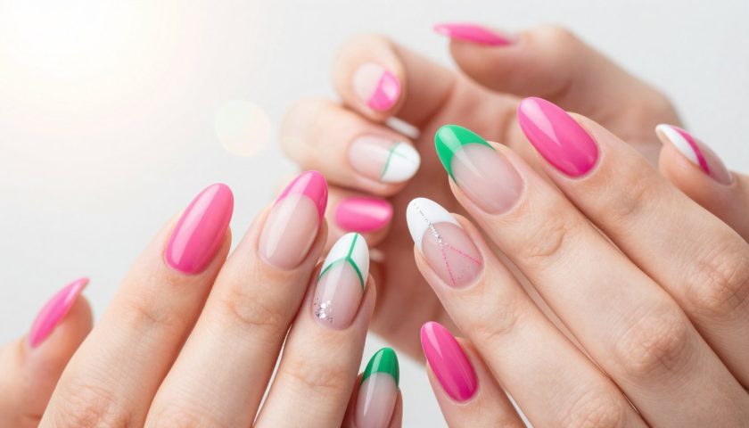 French Tip Designs: Modern Ideas to Try 2 Modern French tip designs with pink white green ombre glitter and geometric nail art