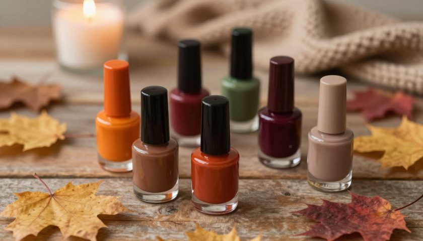 Fall Color Nail Colors: Cozy Shade Guide 2 Fall color nail colors with burgundy pumpkin orange olive green taupe polish bottles on a cozy wooden table