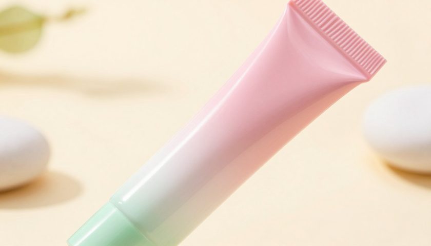 Waterproof eyebrow gel tube in soft pink white and green beauty editorial setting with fresh glow