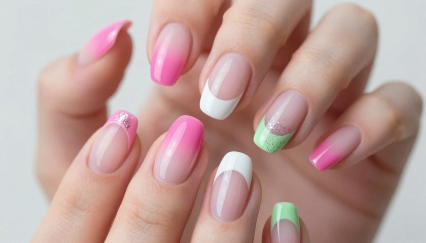 French Tip Designs: Modern Ideas to Try 3 Popular French tip nail designs with colorful tips ombre glitter and modern geometric patterns