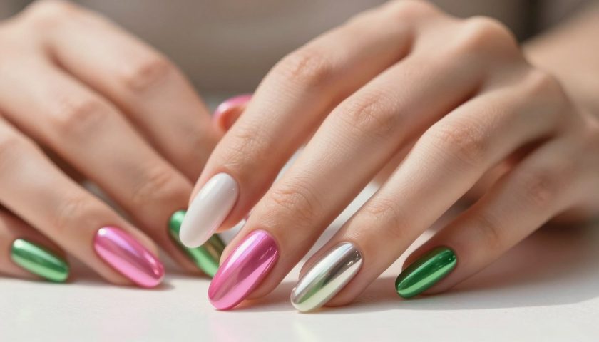 Chrome Nail Designs: Shiny Ideas to Try 3 Eye-catching chrome nails with shiny metallic pink white and green designs on cropped hands