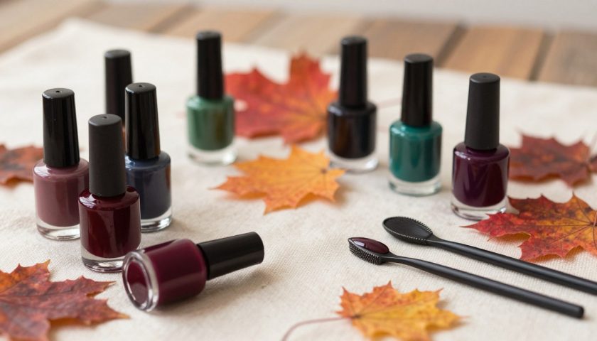 Fall Pedicure Colors: Cozy Toe Nail Ideas 3 Dark fall pedicure colors with burgundy forest green midnight blue polish and pedicure tools