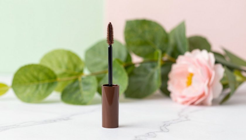 Long-lasting tinted eyebrow gel tube with applicator on white marble with pink flowers and green leaves