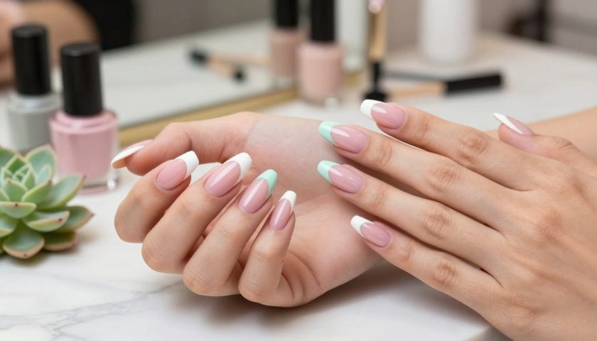 French Tip Designs: Modern Ideas to Try 4 Elegant French tip nails with almond coffin and square shapes on marble salon surface