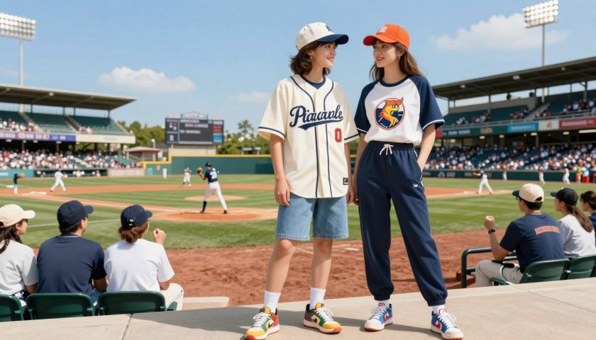 Baseball Game Outfits: Cute and Casual Ideas 2 Cute baseball game outfits with jersey denim shorts graphic tee joggers sneakers and stadium background