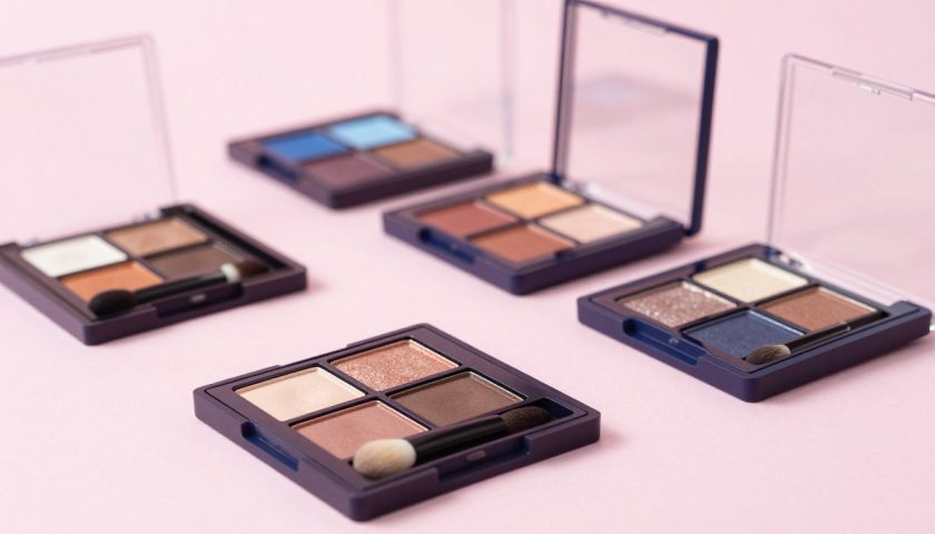 Best Makeup Eyeshadow Palettes: Easy Guide 3 Eyeshadow palettes with warm earthy tones deep blues glitter shimmers and makeup brush on pastel background