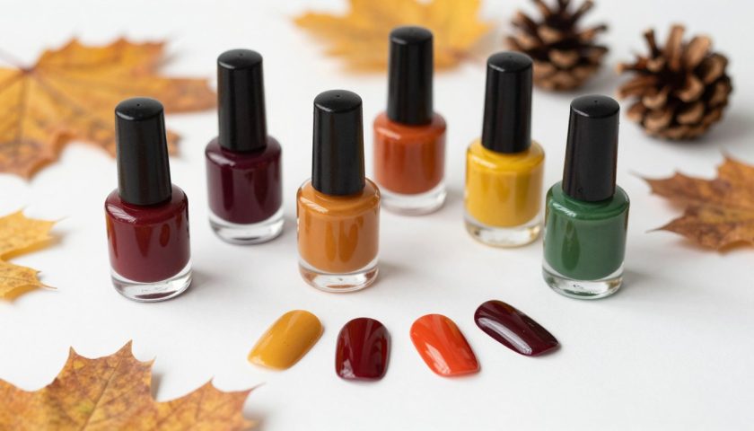 Fall Color Nail Colors: Cozy Shade Guide 3 Autumn nail hues with deep burgundy burnt orange mustard yellow and forest green polish bottles
