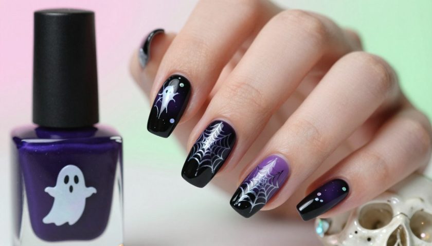 Classy Halloween Nails: Chic Spooky Ideas 2 Classy Halloween nails with black purple glossy finish silver spiderwebs and subtle ghost accents