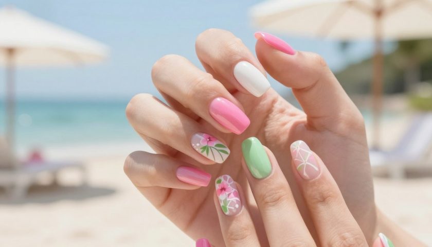 Summer 2026 nail color trends with bright pink soft green white glossy nails and floral details
